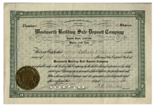 F.W. Woolworth Signed Stock Certificate for the Woolworth Building Safe Deposit Company -- From 1914 Shortly After the Historic Woolworth Building Was Completed